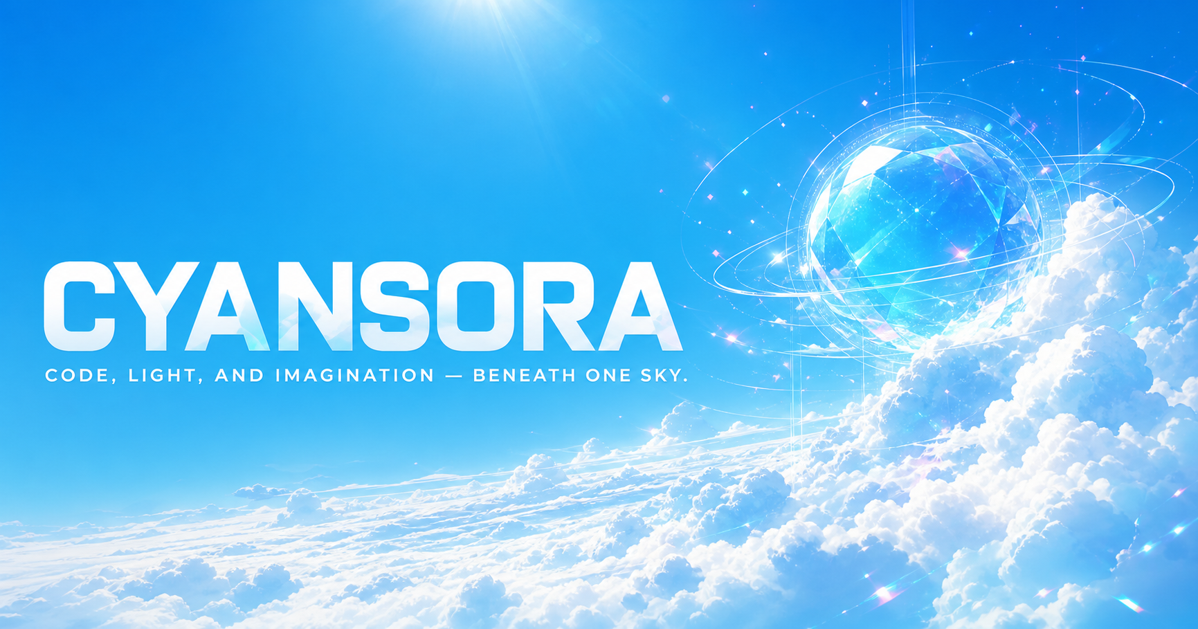 CYANSORA 青空主视觉:水晶天空核心漂浮在云海上方
